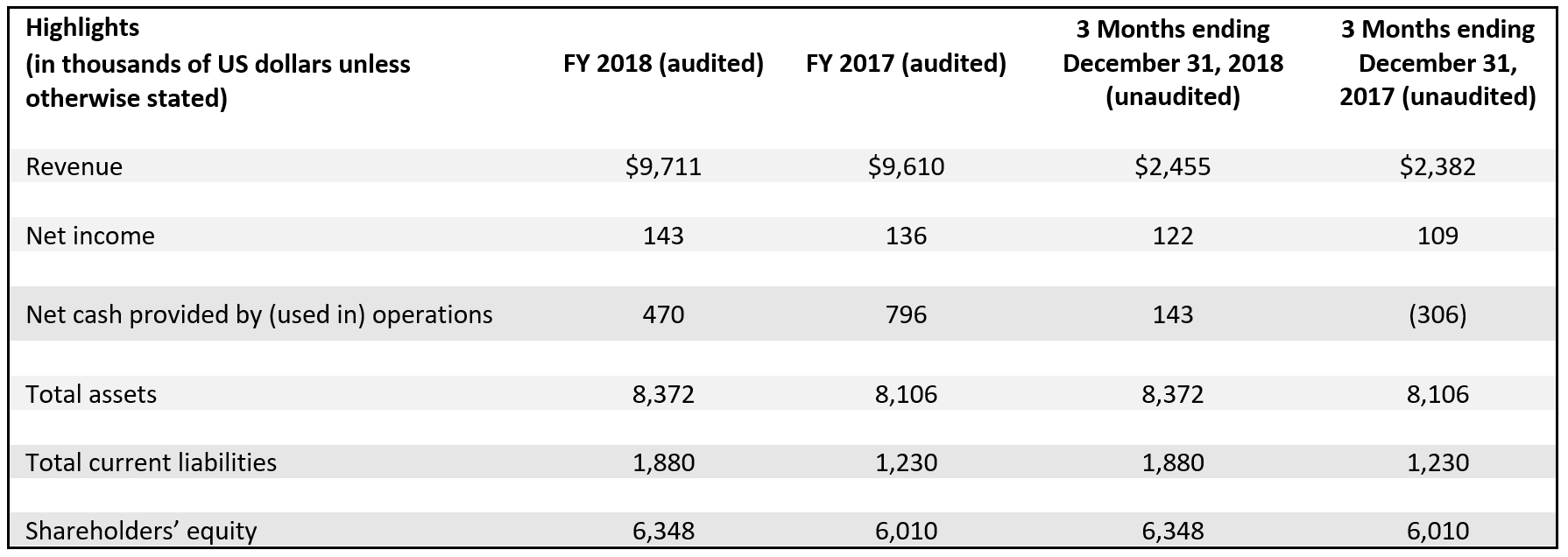 2018 year end financial results table
