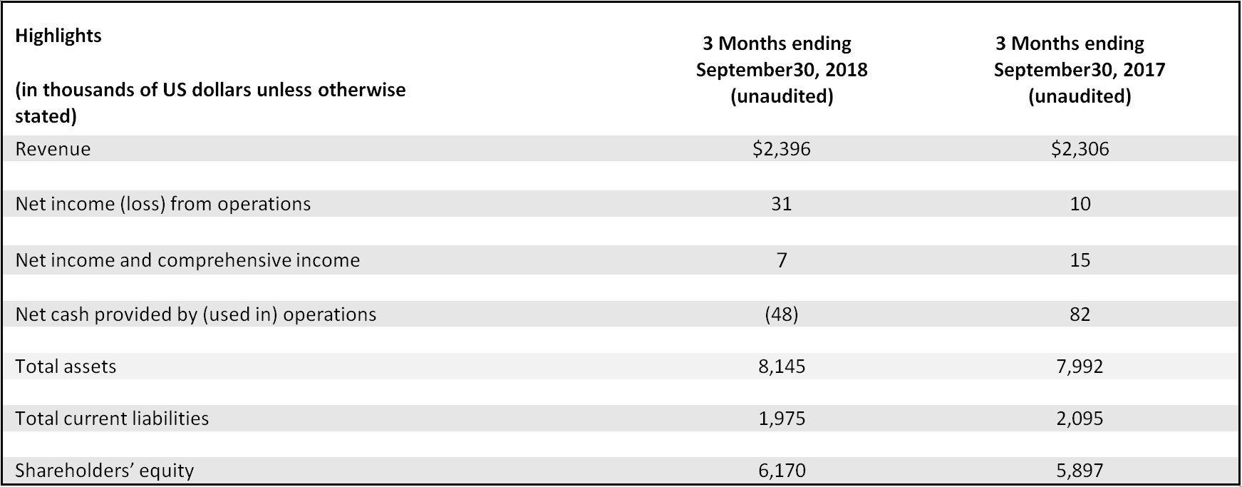 Financial highlights table